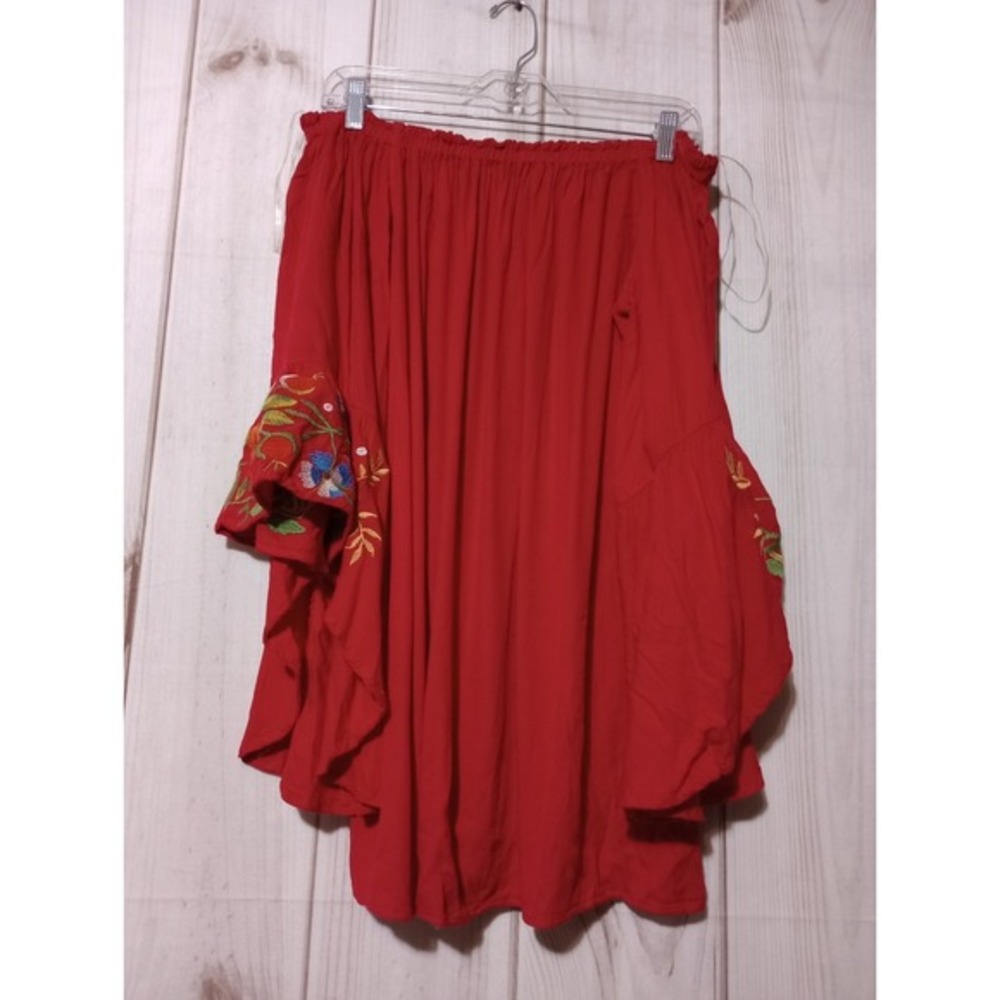 Umgee‎ Red Off The Shoulder Floral Embroidered Bell Sleeve Boho Top C0337 Small